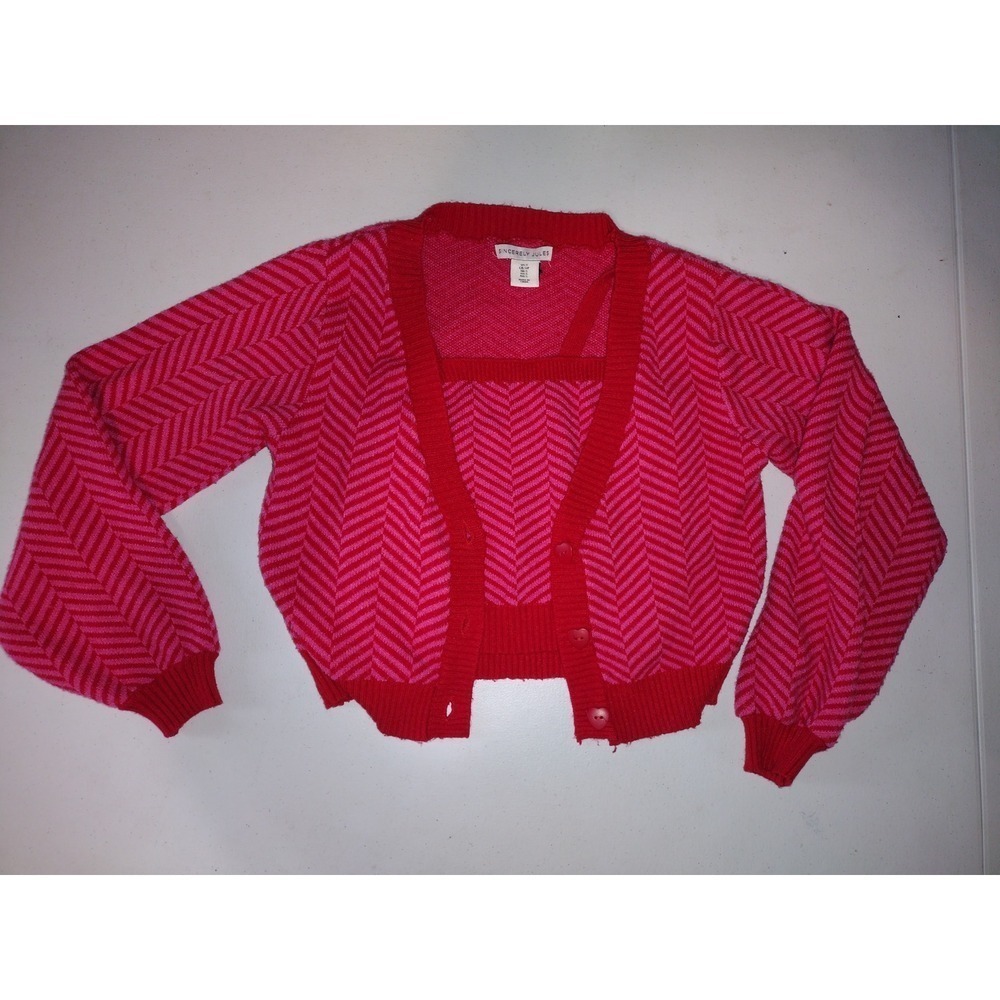 Sincerely Jules Pink Red Chevron Cardigan and Camisole Set Heart Buttons Small